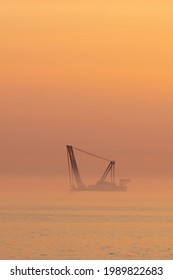 A Wind Turbine Installation Barge Off The Dutch Coast, Building An Offshore Wind Park For Wind Energy