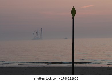 A Wind Turbine Installation Barge Off The Dutch Coast, Building An Offshore Wind Park For Wind Energy