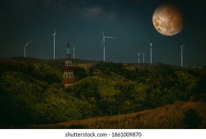 Wind Turbine In Night At Khao-kho Phetchabun,Thailand.