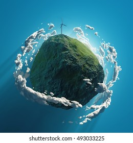 Wind Turbine On Green Planet, 3d Illustration