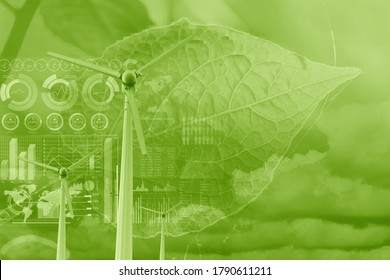 Wind Turbine Overlay With Plant Leaf And Data Infographic For Eco Green Energy Environmental Friendly Power Technology Data Science And Research Background Concept