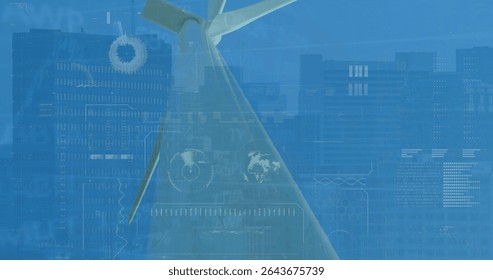 Wind turbine rotor and blade rotating on city rooftop, with HUD-style digital data overlays. Renewable, technology, sustainable, digital, futuristic, urban, infrastructure