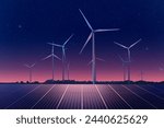 wind turbine with solar panels at night.clean energy. wind turbine, eolic turbine, Power Plant, energy transmission, high voltage supply.1980