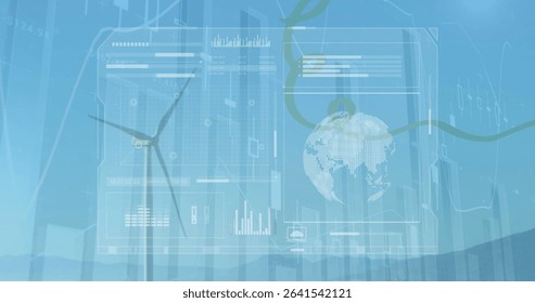 Wind turbine standing in wind farm near mountain ridge, with globe and charts overlay, copy space. Renewable, sustainability, technology, analytics, data visualization, ecological, energy