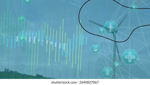 Wind turbine standing on rural hill with bar charts, network lines, hexagon icons, copy space. Renewable energy, sustainability, digital technology, environmental, power generation, eco-friendly,