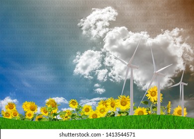 Wind turbine and sunflower with binary code sky  background. copy space.