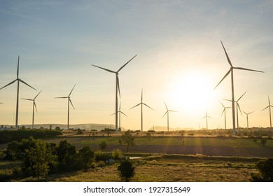 Wind turbines are alternative electricity sources, the concept of sustainable resources, Beautiful sky with wind generators turbines, Renewable energy.