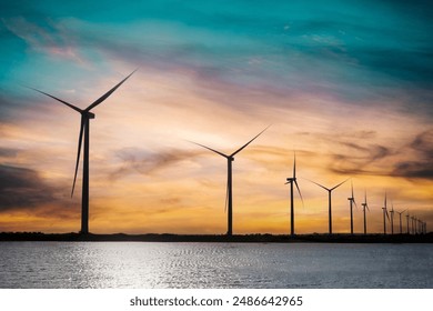 wind turbines farm, wind power generation equipment, clean energy concept, renewable energy