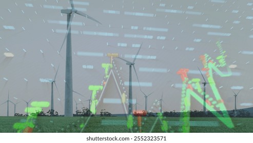 Wind turbines in field with data processing image over landscape. Renewable, energy, technology, sustainable, windmill, power
