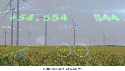 Wind turbines in field with financial data processing image over landscape. Renewable, energy, technology, sustainability, finance, green energy - Powered by Shutterstock