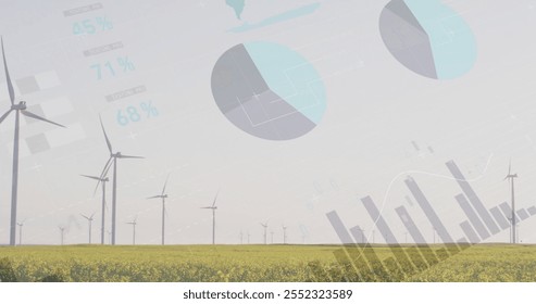 Wind turbines in field with pie charts and graphs, renewable energy data analysis image. wind power, sustainability, analytics, environment, electricity, green technology - Powered by Shutterstock