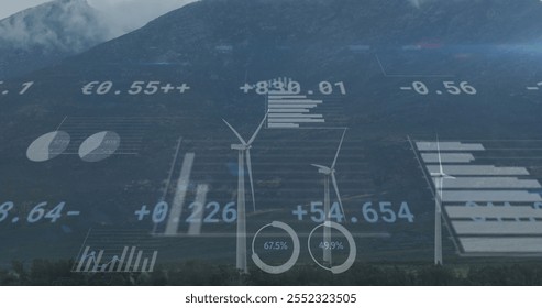 Wind turbines generating power with data visualization image over mountainous landscape. Renewable, energy, sustainability, green, technology, mountains