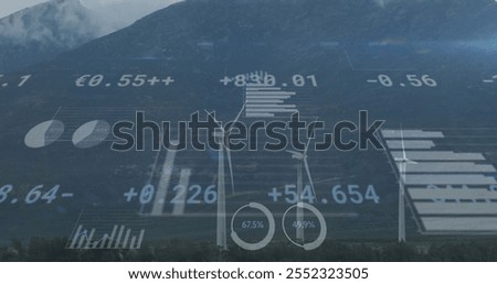 Wind turbines generating power with data visualization image over mountainous landscape. Renewable, energy, sustainability, green, technology, mountains