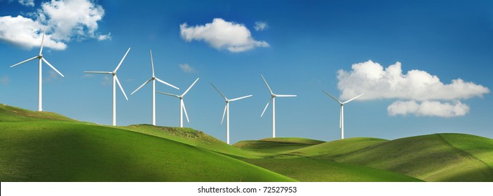 Wind Turbines On Green Spring Hills Of California. Altamont Pass Wind Farm Near Livermore.