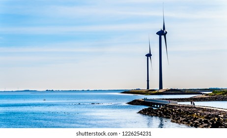 Wind Turbines at the Oosterschelde inlet at the Neeltje Jans island at the Delta Works Storm Surge Barrier in Zeeand Province in the Netherlands 