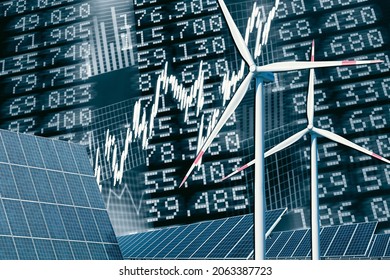 Wind turbines and solar panel with price board, stock prices and diagrams - Powered by Shutterstock