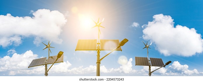 Wind Turbines Solar Panels Banner. Renewable Photovoltaic Technology With Solar Energy Power Panel And Wind Turbine. Solar Energy Panels Power Banner