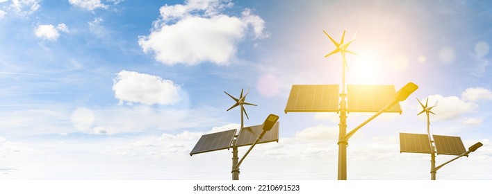 Wind Turbines Solar Panels Banner. Renewable Photovoltaic Technology With Solar Energy Power Panel And Wind Turbine. Solar Energy Panels Power Banner