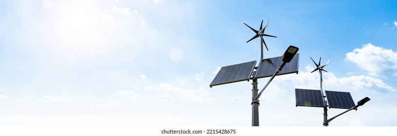 Wind Turbines Solar Panels Banner. Renewable Photovoltaic Technology With Solar Energy Power Panel And Wind Turbine. Solar Energy Panels Power Banner