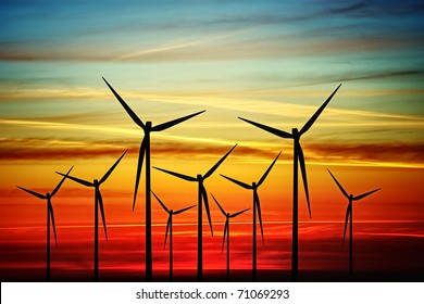 Wind Turbines  At Sunset