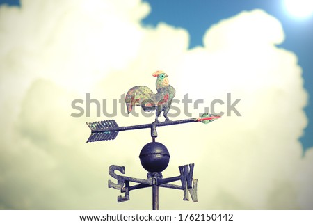 wind vane to indicate the wind direction made of metal with a large rooster above