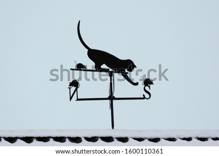 Wind vane on the roof in the form of cats and mice indicating the cardinal points. Metal product