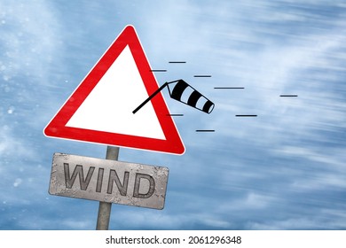 Wind Warning Sign Getting Blown Away By A Storm