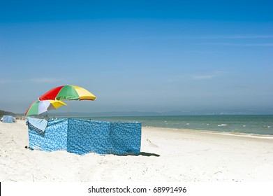 Windbreaker On A German Beach On Baltic Sea