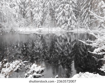 wind-distorted reflection of snow-covered trees in a lake