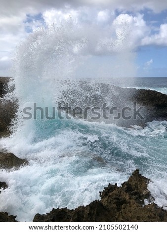 wind-driven waves crash against the jagged coral shore and shatter into a high, splashing fan