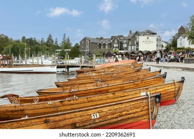 Windermere, United Kingdom June 18, 2022, Handcrafted Cedar Strip Canoes On Shore During The Summer Season