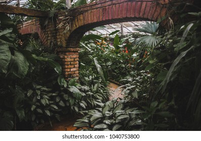 Winding Brick Path Leads Through An Overgrown Greenhouse With Plants And Flowers Surrounding And A Red Brick Archway