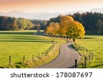 Winding Country Road through autumnal Landscape, vivid colored Maple Trees, Mountains in Background