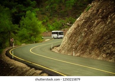 Winding Curvy Rural Road And Bus In Fethiye, Mugla, Turkey.