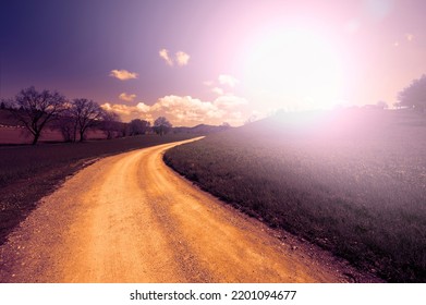 Winding Dirt Road Between Tuscany Spring Fields At Sunset.