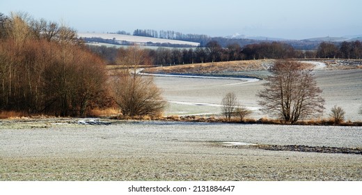 Winding Dirt Roads In Winter. Moravia. Europe.