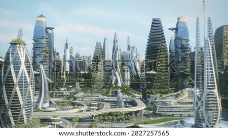 Winding Elevated Highways Curving Around Terraced Plant Covered Towers in a Sunlit Sci Fi Megacity Skyline, Depicting Tomorrow's Green Infrastructure, Vertical Forests and Clean Mobility