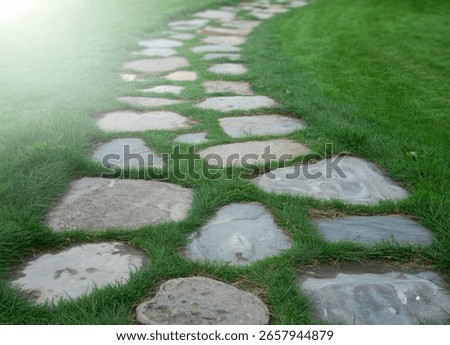 A winding garden path made of irregular flagstones is surrounded by vibrant green grass. Soft sunlight casts a gentle glow on the left side of the scene.
