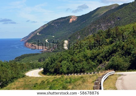 The winding highway of the world famous Cabot Trail along the coast of Cape Breton, Nova Scotia