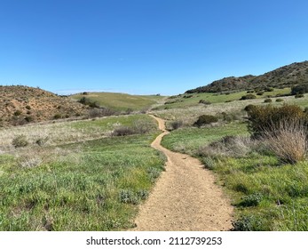 Winding hiking trail across grasslands at Rancho Sierra Vista, Newbury Park, California. Clear blue skies - Shutterstock ID 2112739253