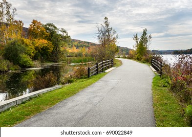 Winding Lakeside Path For Pedestrians And Cyclists In The Berkshires, MA, On A Cloudy Autumn Day. 