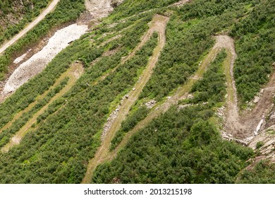 Winding Mountain Path Top View. Walking Path For The Descent