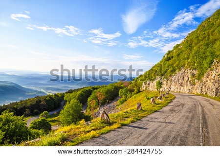 Winding mountain road in Balkan Mountains (Stara planina), Bulgaria. The road to peak Okolchitsa.