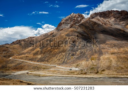 Winding mountain road Manali-Leh to Ladakh  with bus in Indian Himalayas. Ladakh, India
