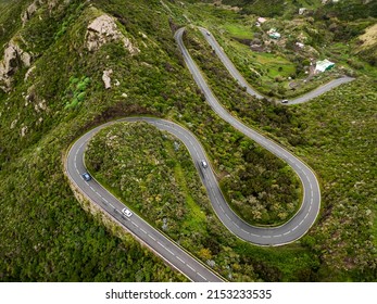 Winding mountain road on the green part of Tenerife island, Spain. Top aerial view - Powered by Shutterstock