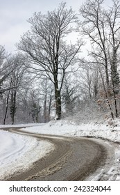 Winding Mountain Road Snow Covered In The Forest. Road In Snow. 