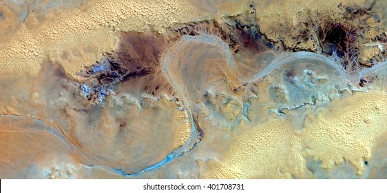 Winding River, Abstract Photography Of The Deserts Of Africa From The Air. Aerial View Of Desert Landscapes, Genre: Abstract Naturalism, From The Abstract To The Figurative, Contemporary Photo Art