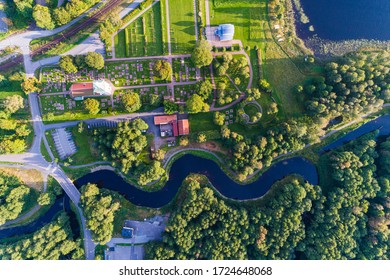 Winding River Besides Church From Above