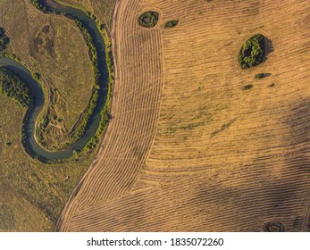 Winding River. Fields. Aerial Shot