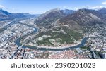 Winding river passing along French Alps Grenoble panoramic view